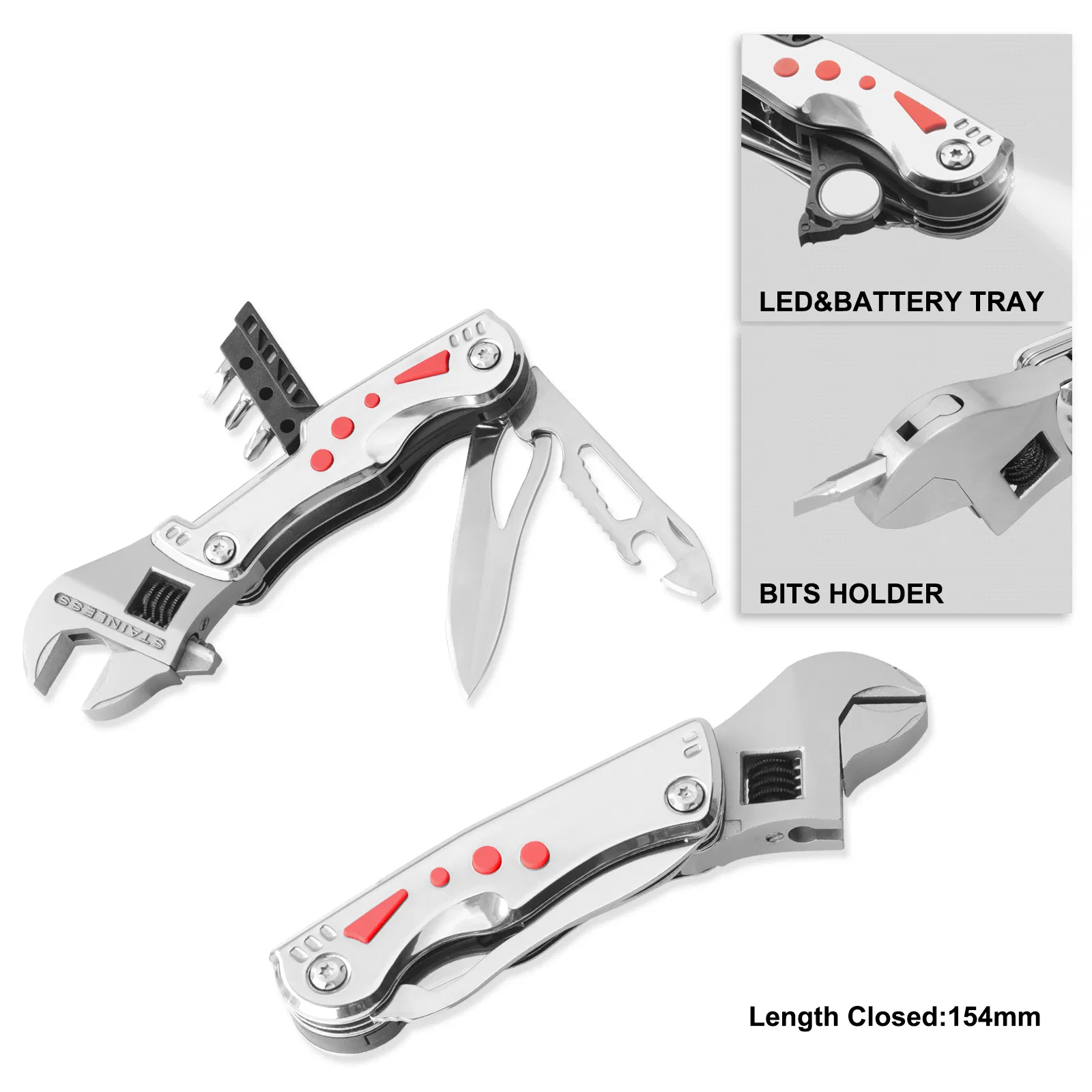 Multifunction Adjustable Wrench Knife Opener Tool with LED Flashlight, Bits Holder (#8438)