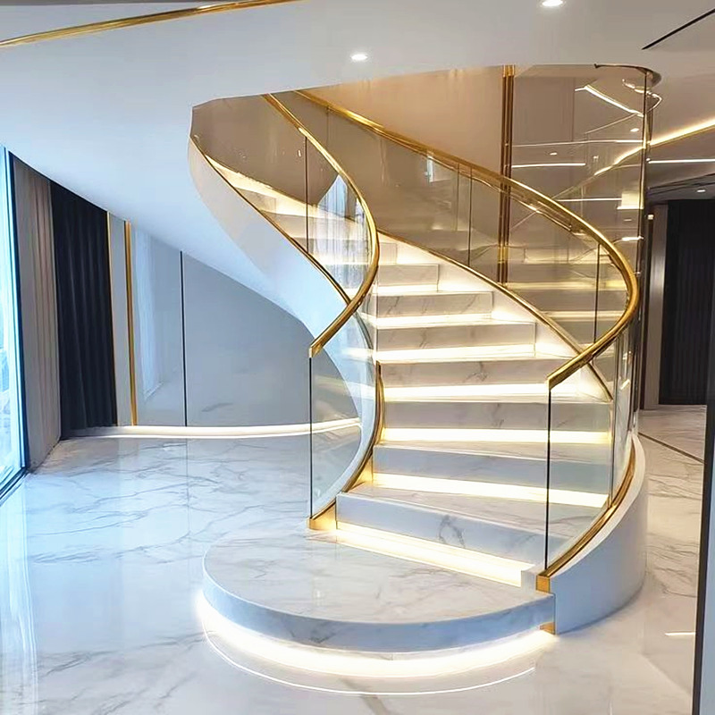 Luxury Curved Staircase for Villa Interiors Frameless Glass Balustrade & Solid Wood Treads with Metal Base