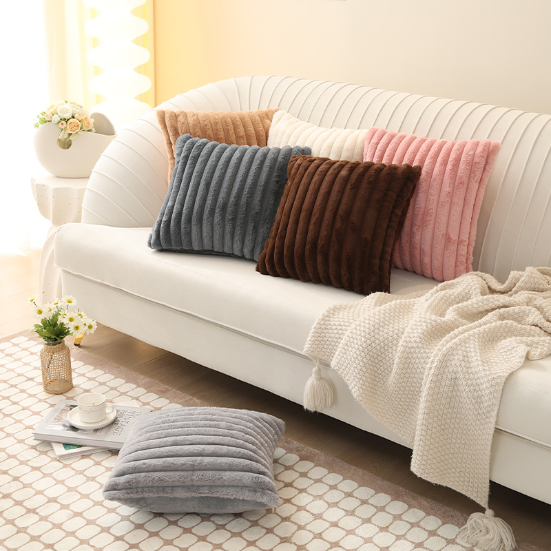 Xinlan Solid Color Vertical Stripe Faux Rabbit Fur Pillow Cover Single Side Minimalist for Sofa Living Room Bed Decor