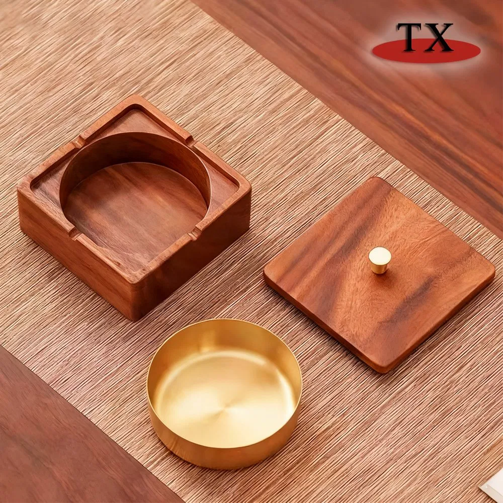Round Square Wooden Ashtray Custom Brand Logo Metal Ashtray with Cover