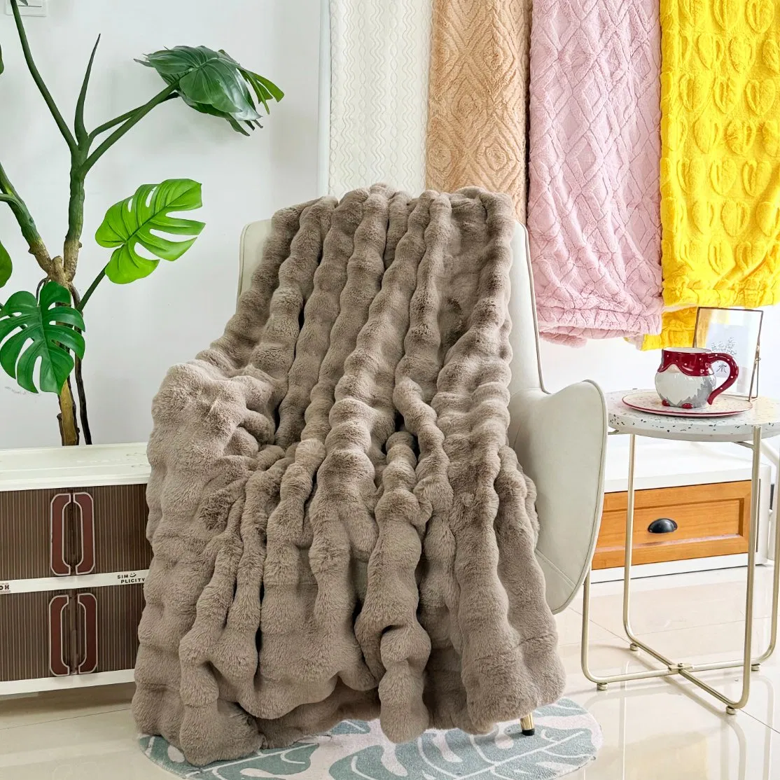 Custom High Weight Color Mink Machine Wash Double Layer Bubble Rabbit Blanket