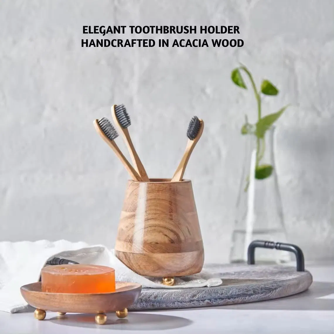 Round Acacia Wood Toothbrush and Toothpaste Holder Handmade Eco Bathroom Storage Rack Toothbrush Cup