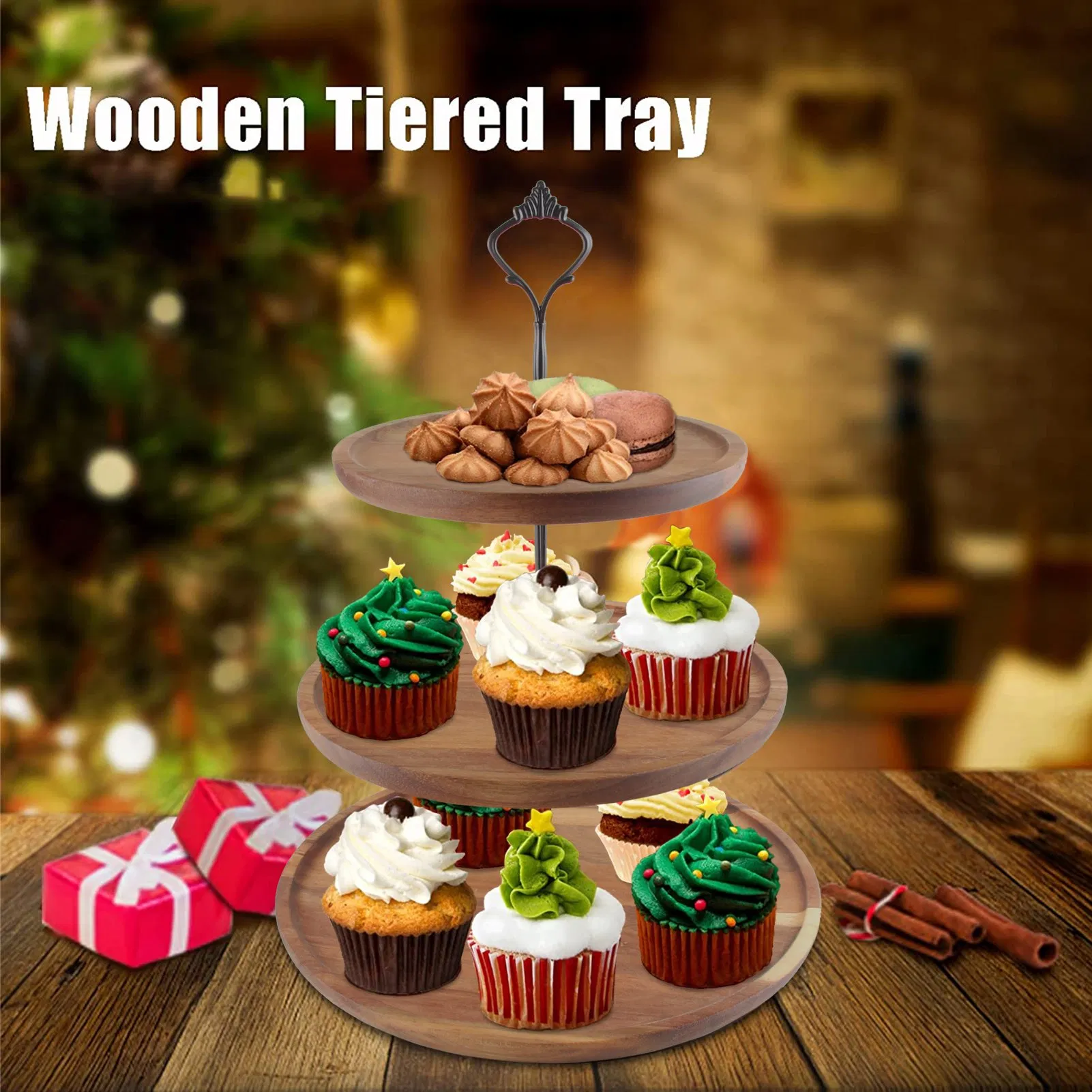 Wholesale Morden Round Wooden Fruit Tray Display Wedding Party Rack 3 Tier Cake Tray Stands