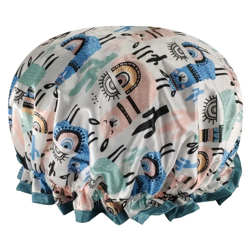 Quiet Girl Printing Shower Caps Double Layer Satin Llama Shower Cap