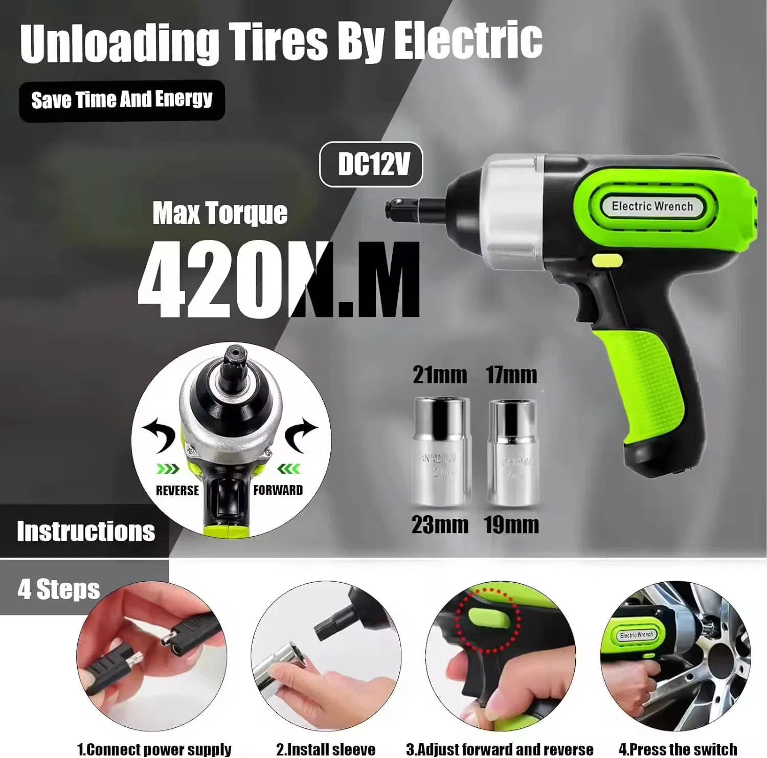 Zsb05 Popular Green Black 80W 12V 420n. M High Torque Electric Car Jack Impact Wrench for Car Repair