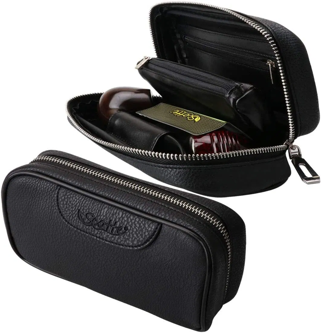 PU Leather Tobacco Cigar Wood Pipe Pouch Case for 2 Tobacco Pipe and Other Accessories