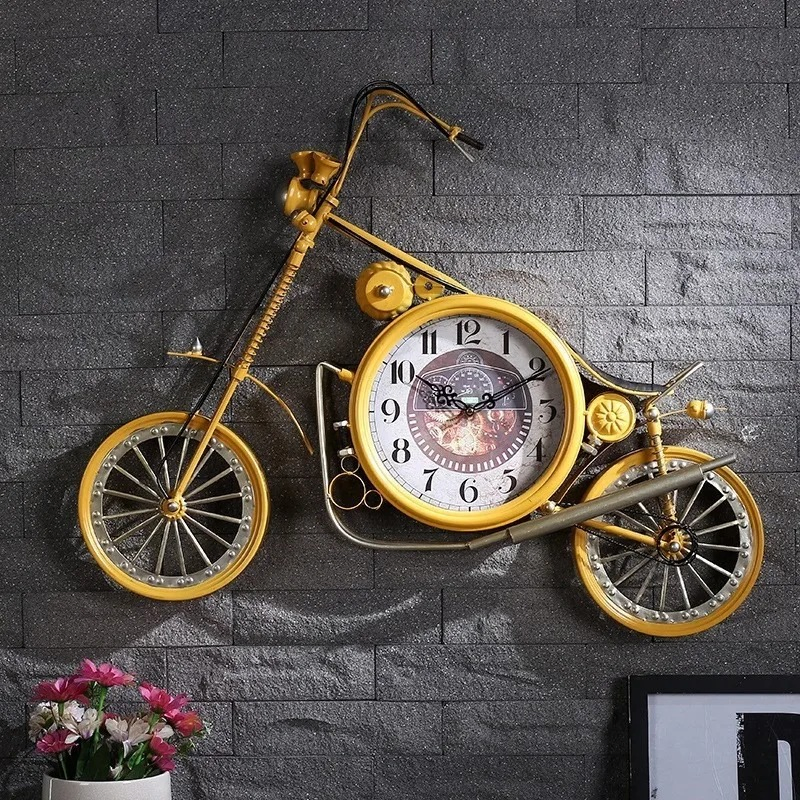 Silver Antique American Style Iron Motorcycle Clock Handmade Wall Clock