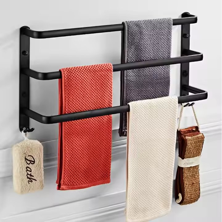 Stylish Matte Black Towel Rack with Hook for Bathrooms