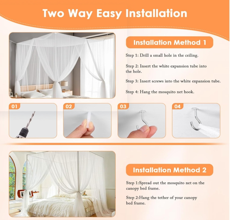 Canopy for Bed 4 Corner White Canopy Bed Curtains, Mosquito Net Bed Canopy for Twin King Queen Full Size Bed, Canopy Bed Curtains Drapes for Indoor Outdoor Room