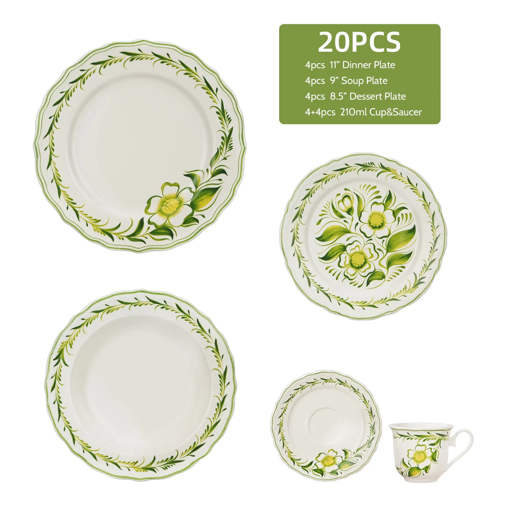 20-Piece Modern Inglaze China Green Dinner Plates Tableware Ceramic Dinnerware Set
