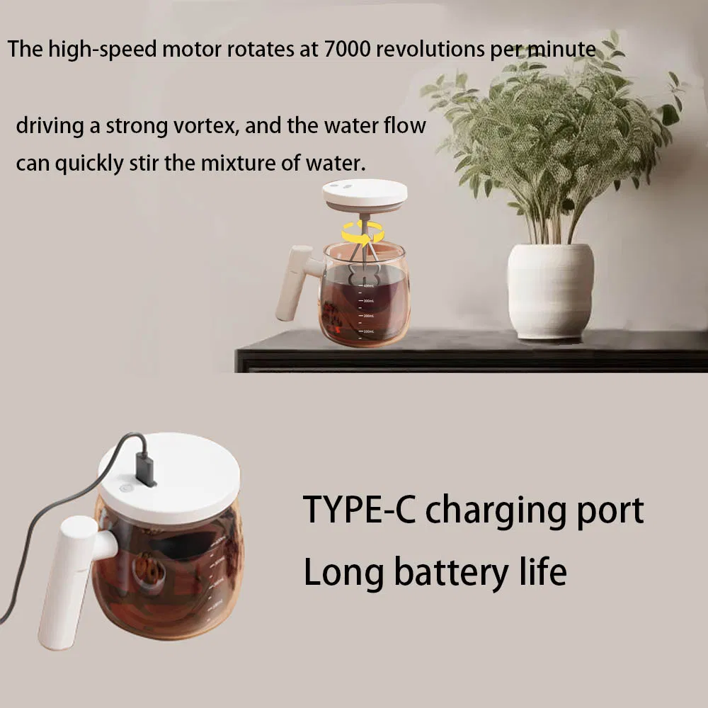 Automatic 400ml Self Stirring Waterproof Free Hand Coffee Mug Electric High Speed FDA Food Lever Mixing Cup with Seal Lid and High Borosilicate Glass