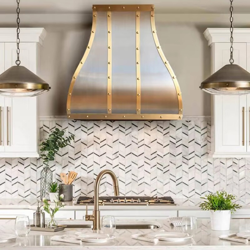 Customized Matte Black Patina Stainless Steel 48 Inches Wall Mount Kitchen Range Hood with Matte Brass Straps Down Draft Hood