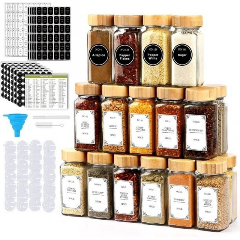 Kitchen Home Refillable Spice Jar Bottle Storage Wholesales Borosilicate Seasoning Herb Containers Set with Bamboo Lid for Spice Small Glass Spice Jars