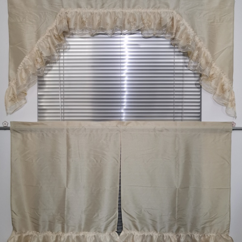 European Solid Color Polyester Luxury Kitchen Curtain with Lace Embroidery, for Kitchen Decoration