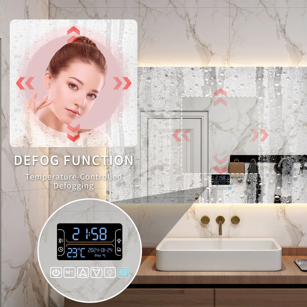 CE Manufacturer Home Decoration Bathroom Furniture Rectangle Bluetooth Mirror with Speaker Bluetooth Dressing Smart Wall Backlit Glass Light LED Mirror