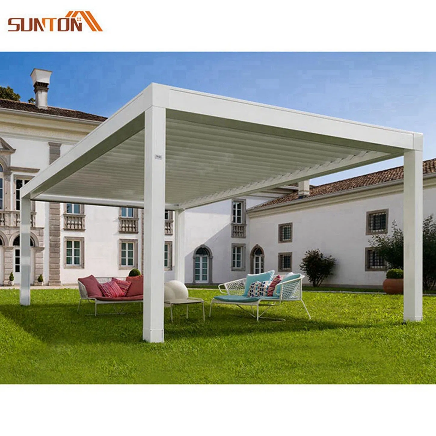Louvers Outdoor Automatic Roof and LED Lights Aluminum Sliding Glass Fully Automatic Pergola