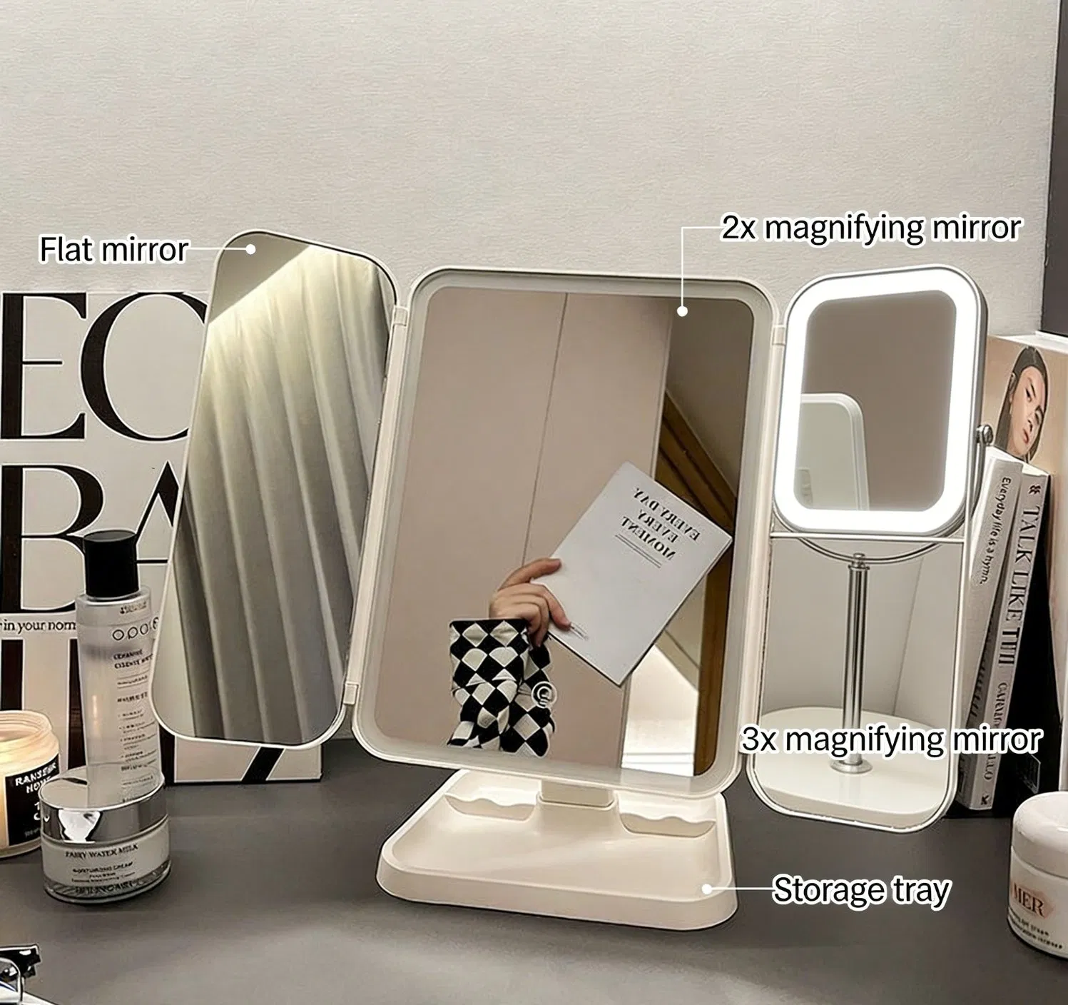 Wear-Resistant Fashionable Portable LED Jewelry Box with Tri-Fold Mirror