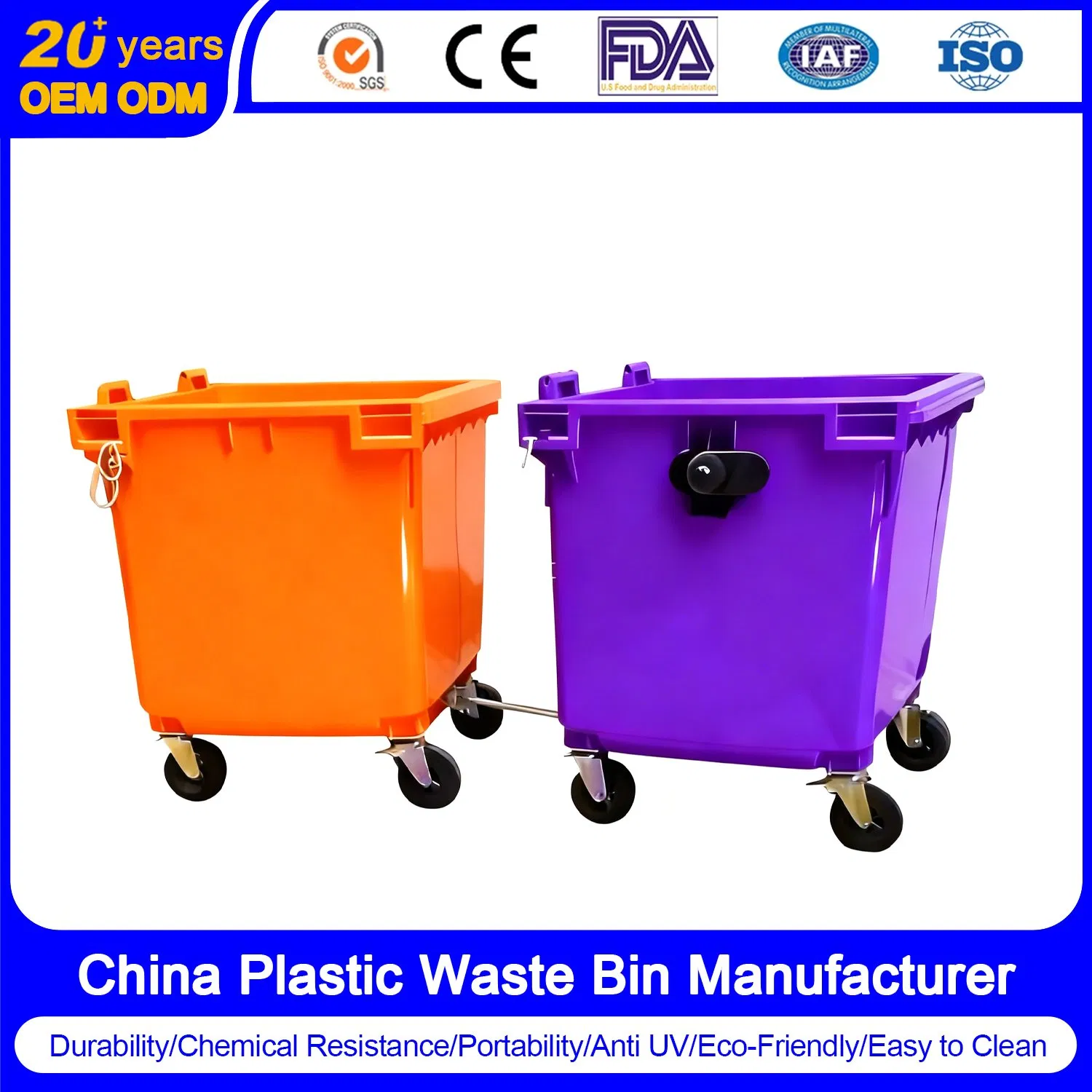 Public Food Commercial Use Heavy Duty Large Capacity Classification Laboratories Restaurant Gym Hotels 660 1100L Wheelie Bin with Chain