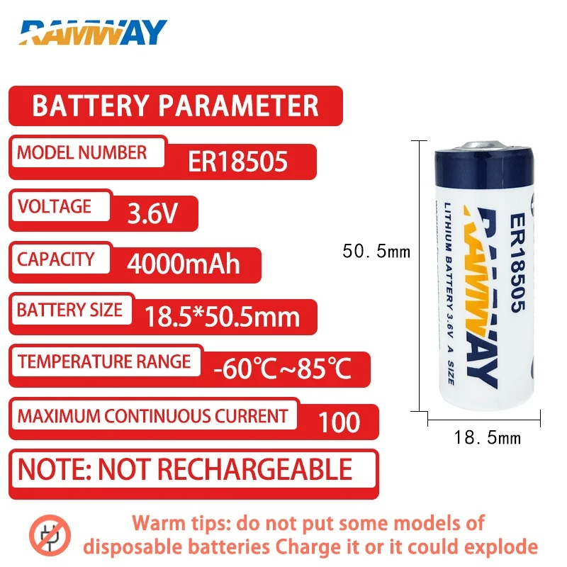 Литиевая батарея ER18505 3.6V 4000mAh Li-SOCl2