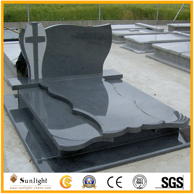 G654 Padang Dark Granite Double Headstone with Cross, Headstones and Monuments Tombstones