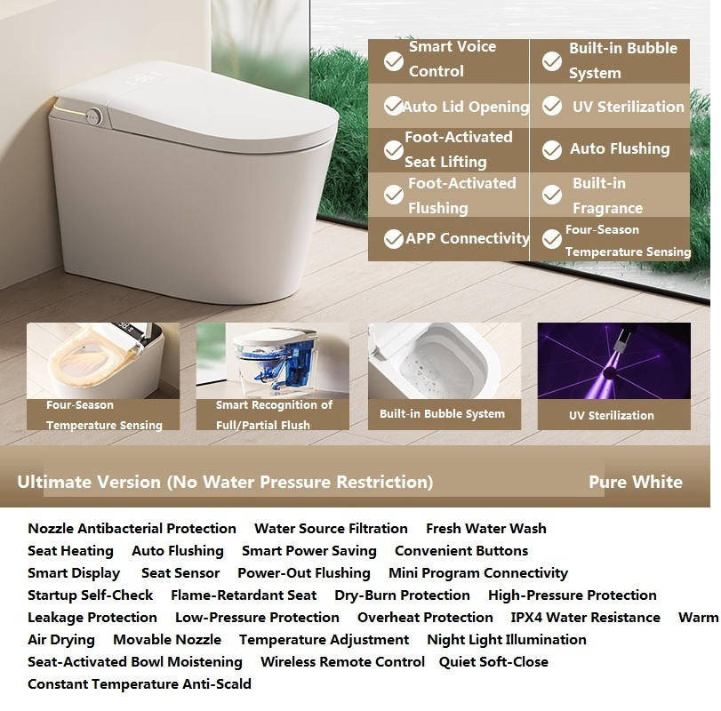 Automatic Smart Toilet with Integrated Sterilization, Self-Closing Lid, Instant Heating, Water Pressure-Free Design, and Built-in Foam Shield