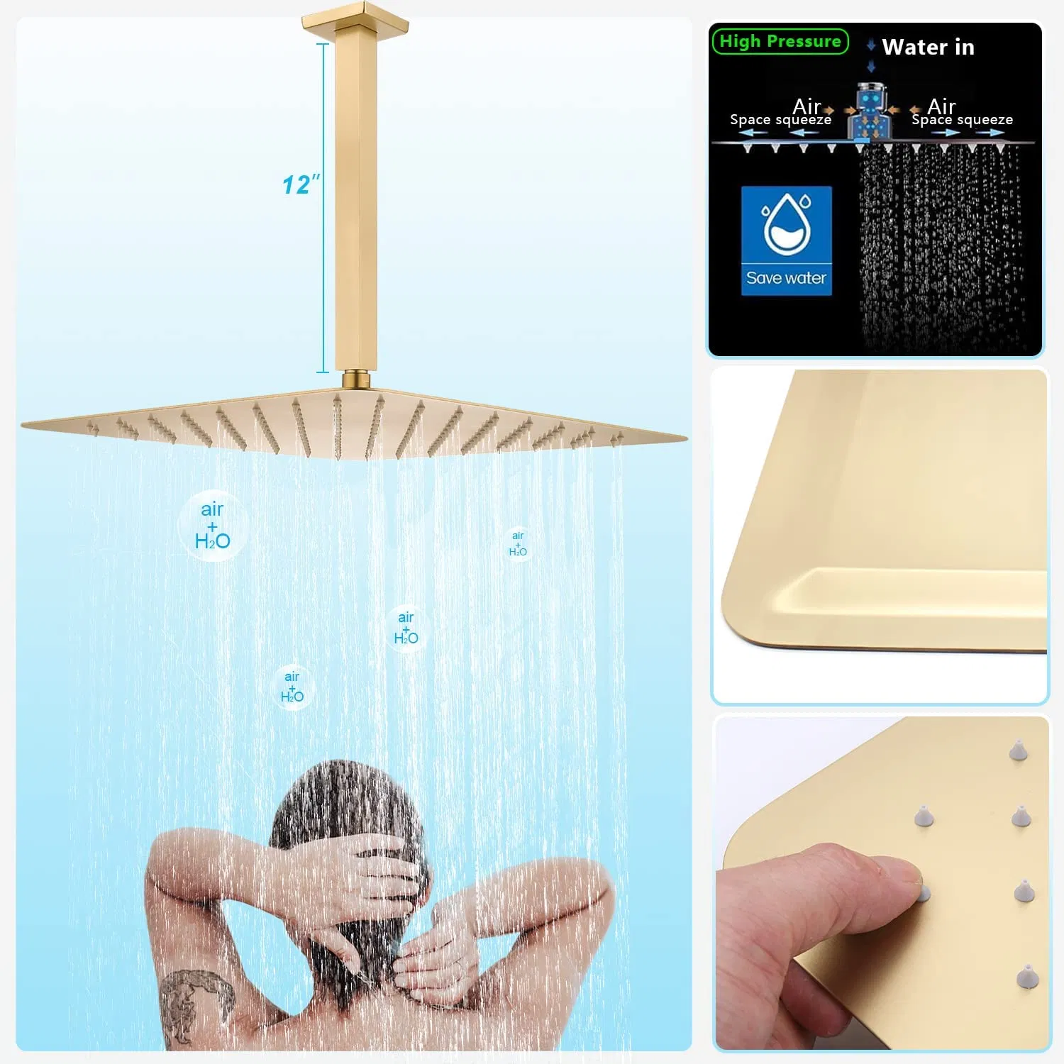 16 Inch Ceiling Rain Shower Head with Jets Shower Faucet Fixture Complete Set Brushed Gold
