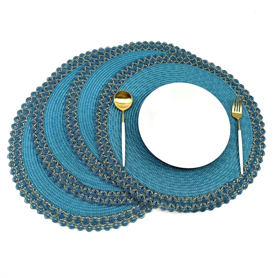 Promotion 15 Inch Teal Gold Braid Heat Resistant Polypropylene Woven Round Placemat