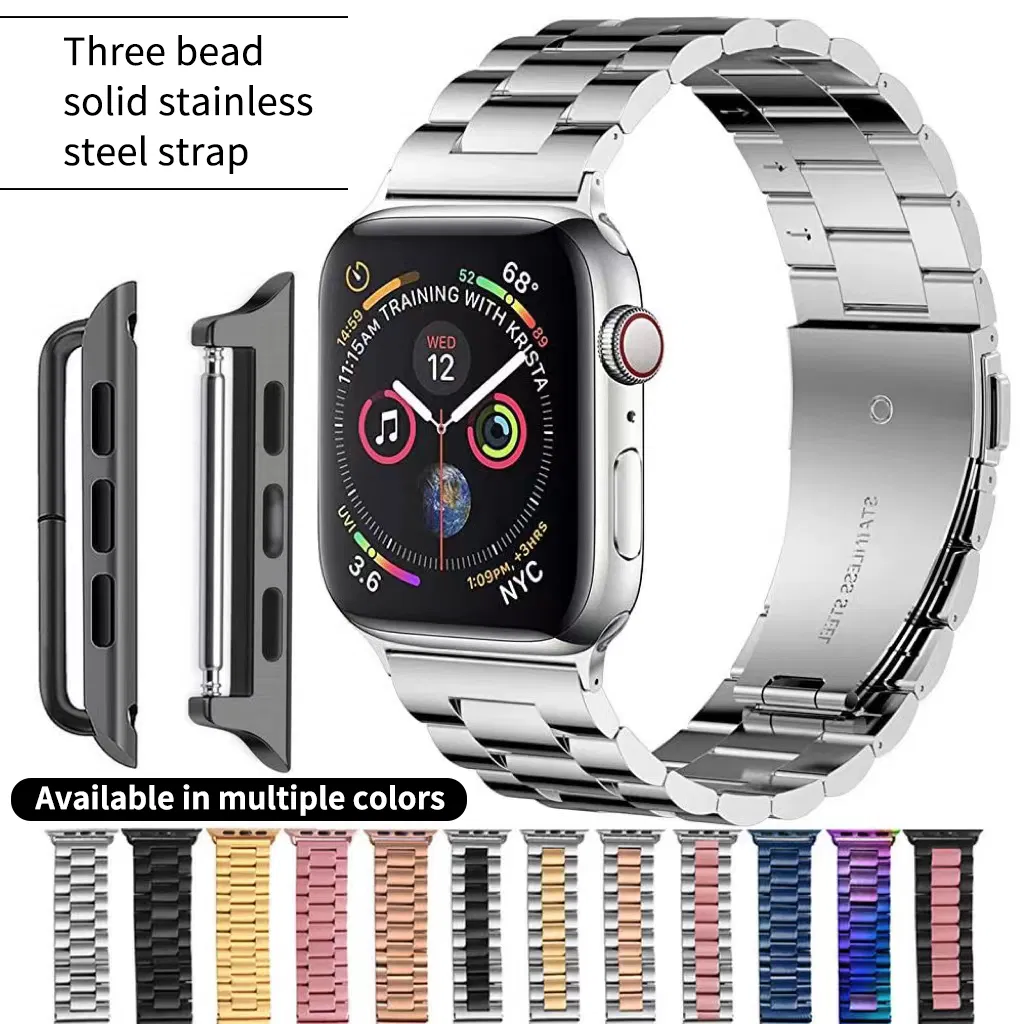 Customized 304 Precision Stainless Steel Adjustable Metal Stainless for Apple Watch Band Three Beads Solid Butterfly Buckle Watch Strap
