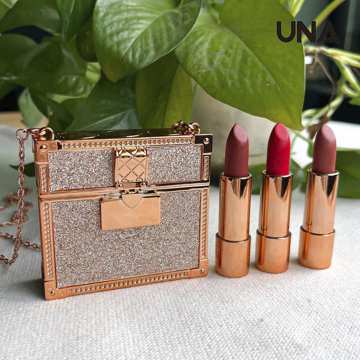 Private Label Matte Lipstick 3-Piece Set with Luxury Chain Bag Vegan Free Choice Lipstick Color Combination Creamy Lipstick