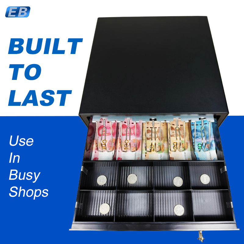 CB-405 Cash Drawer Available in black/white Fixed bill divider removable coin tray Fast open with heavy-duty ball bearing rollers 9-24V compatible
