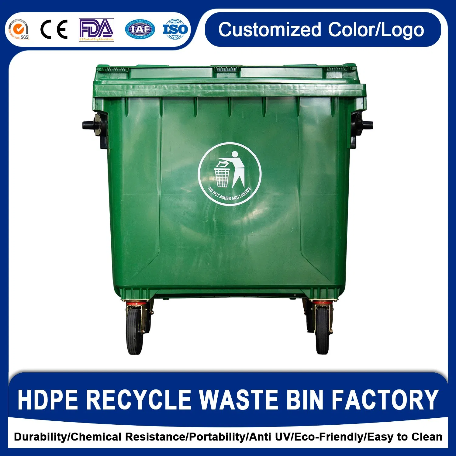 Outdoor Street Urban Plastic Dustbin 1100L Garbage Can Recycling with Lid Trash Bin
