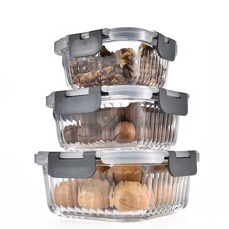 Versatile Ribbed Design Glass Food Storage Containers with Lids