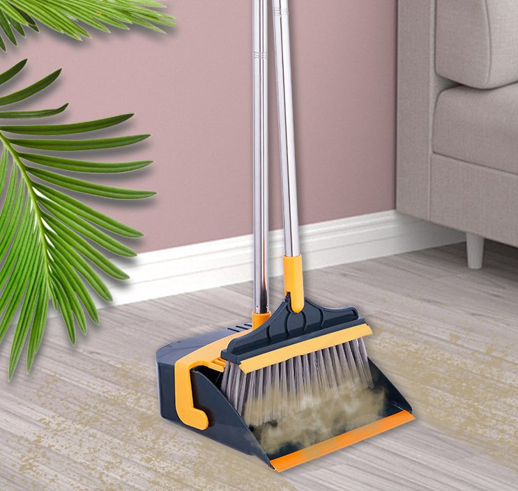 Household Cleaning Folding Dual Comb Teeth Upright Stand up Broom Dustpan Set