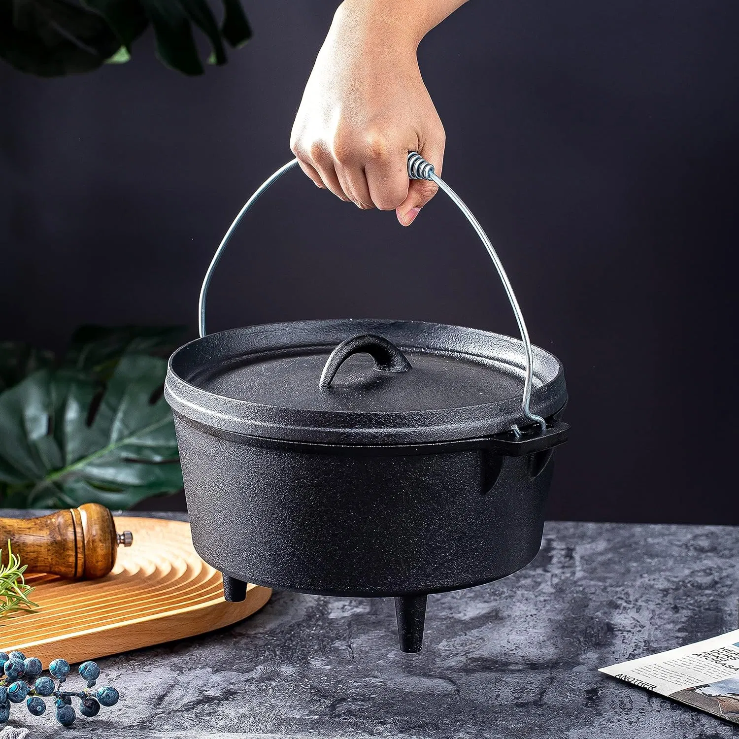 Чугунный казан для костра с тремя ножками, антипригарный