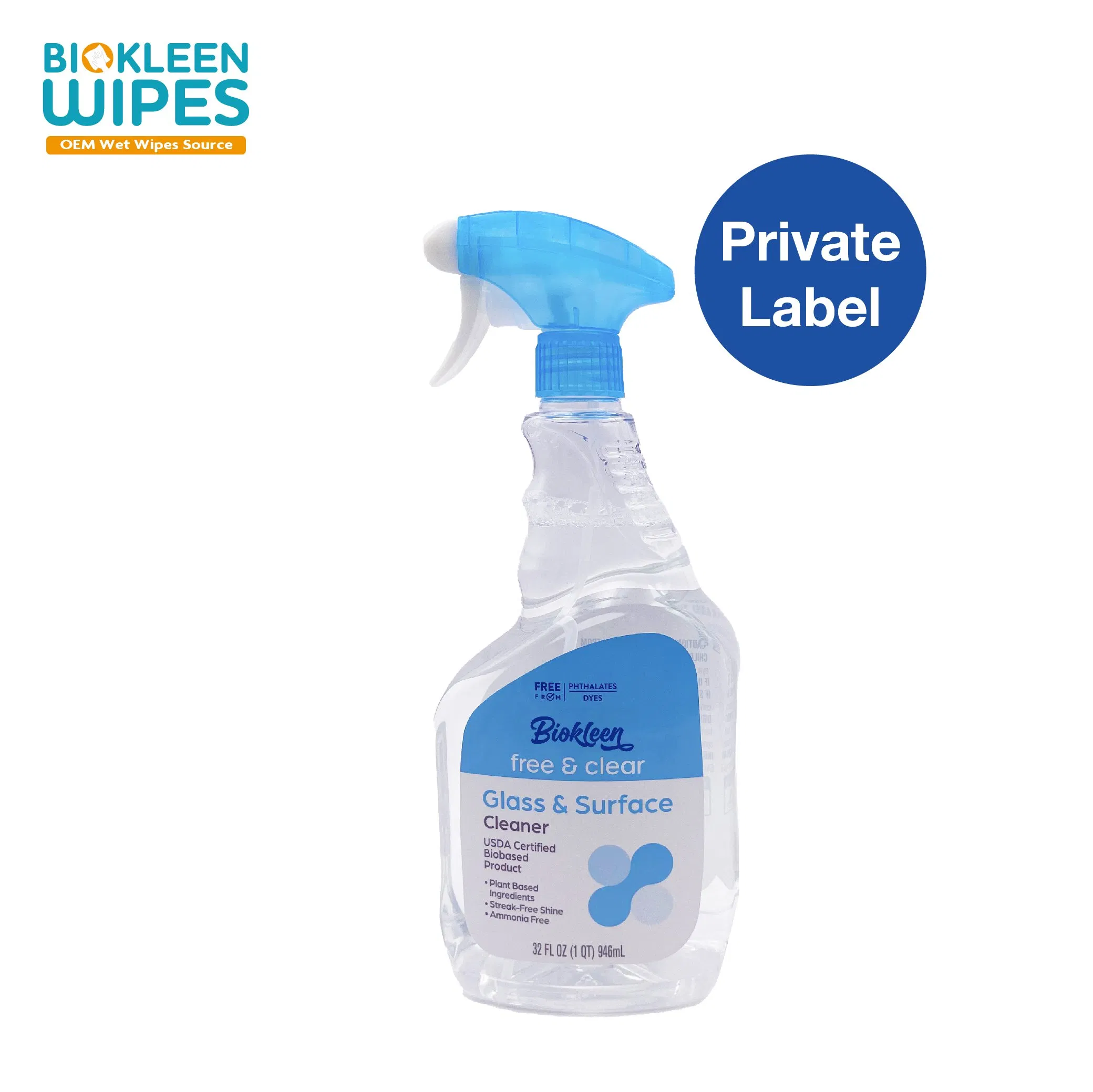Biokleen Custom Factory Supply 946ml Streak Free Glass & Surface Cleaner for Mirrors Windows Kitchen Home and Auto
