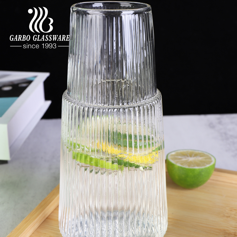 New Design Vertical Stripes Embossed Pattern 2 in 1 Drinking Glassware Set Tableware Glass Cups Glass Tumbler 2PCS Set Handmade