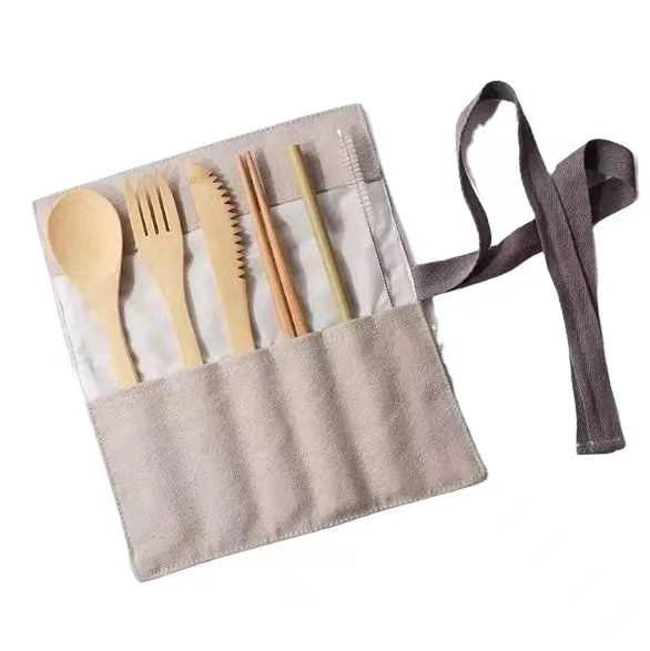 Wholesale Canvas Bag Knife Fork Spoon and Bamboo 6 Tableware Set