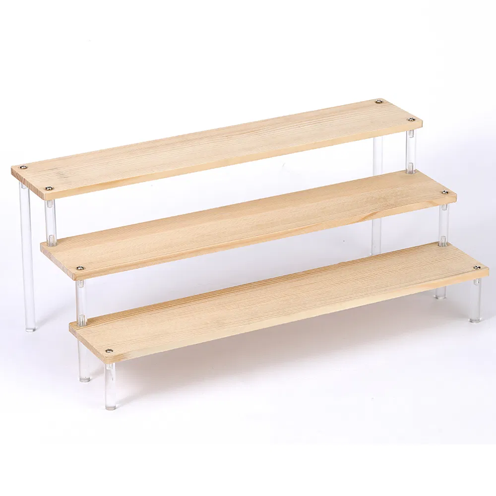 Elegant 3-Tier Acrylic and Wood Display Shelf for Organizing Makeup and Desserts