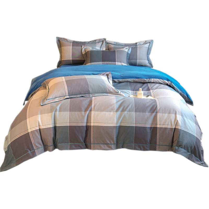 Check Printed Bedding 4 PCS Reversible Quilt Cover Microfiber Cotton Sheet Bed Set