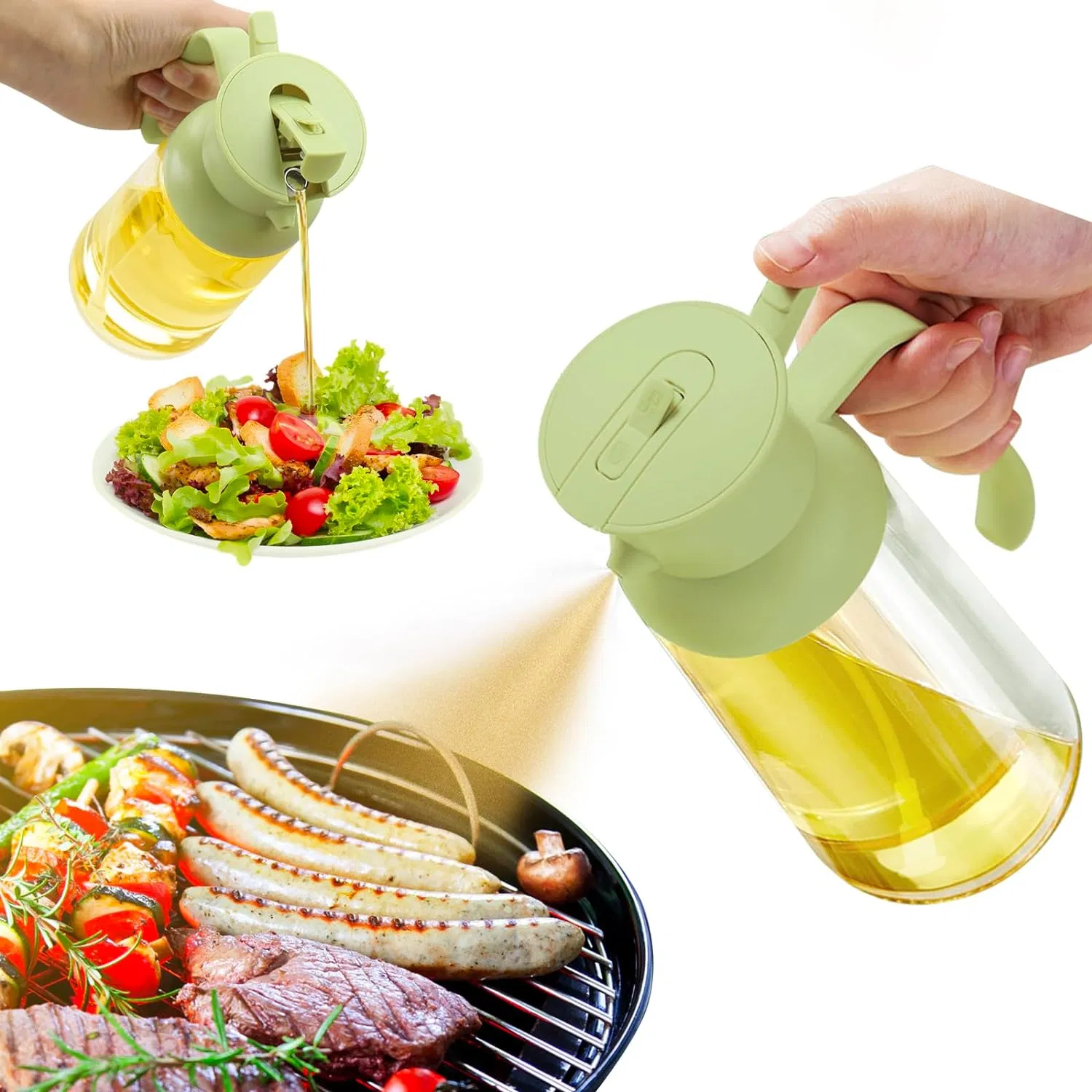 Ds-2670 Olive Oil Dispenser for Kitchen 2 in 1 Oil Sprayer for Cooking 18oz/550ml Glass Oil Spray Bottle with Pourer, Food-Grade Oil Mister (Green)