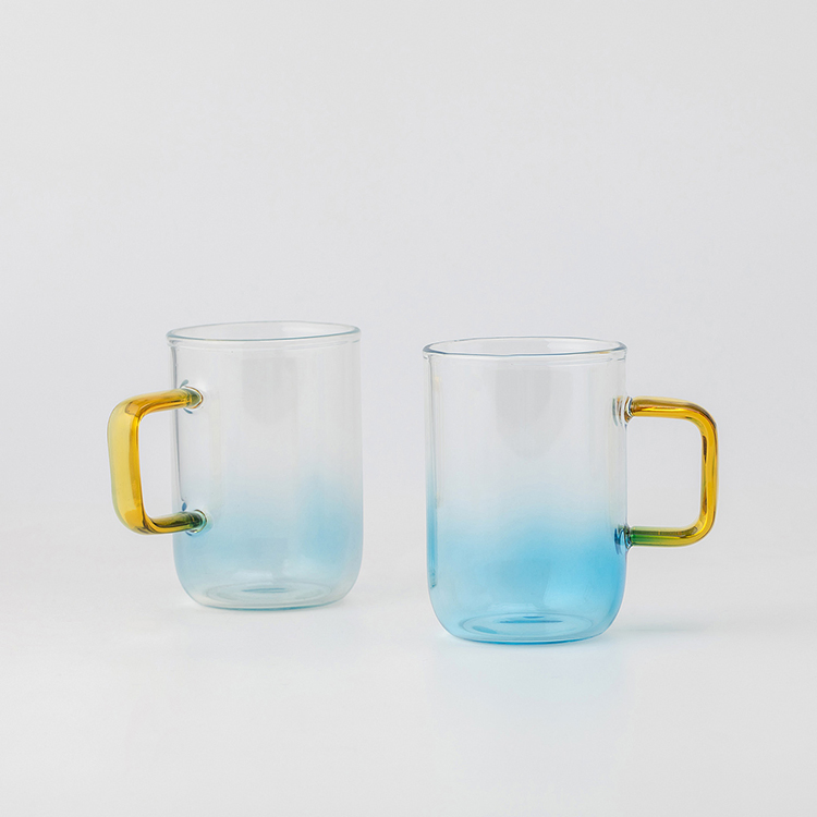 Grink Customized Good Quality Blue Gradient Color Glass Coffee Cup with Handle Carrying
