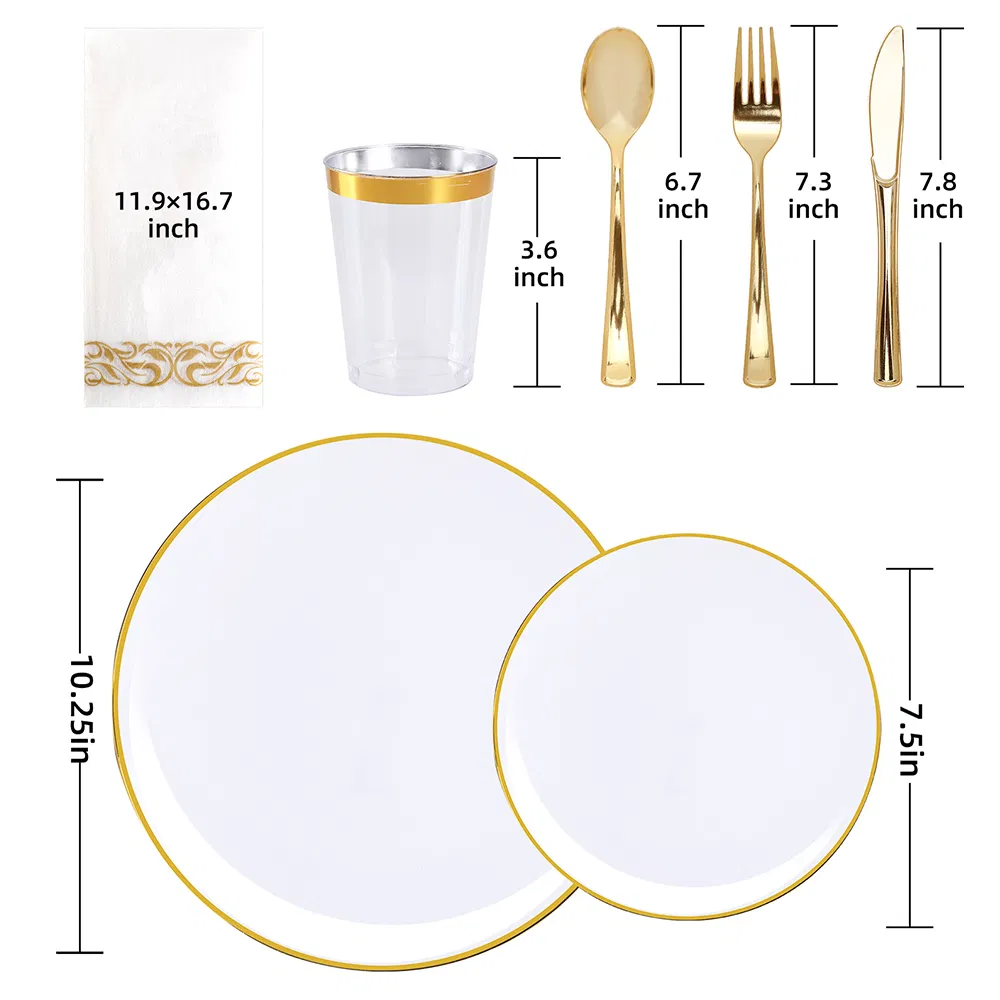 Wedding Party Premium Rose Gold Rim Plastic Plates Disposable Party Heavy Weight Cutlery Set and Disposable Dinnerware Set