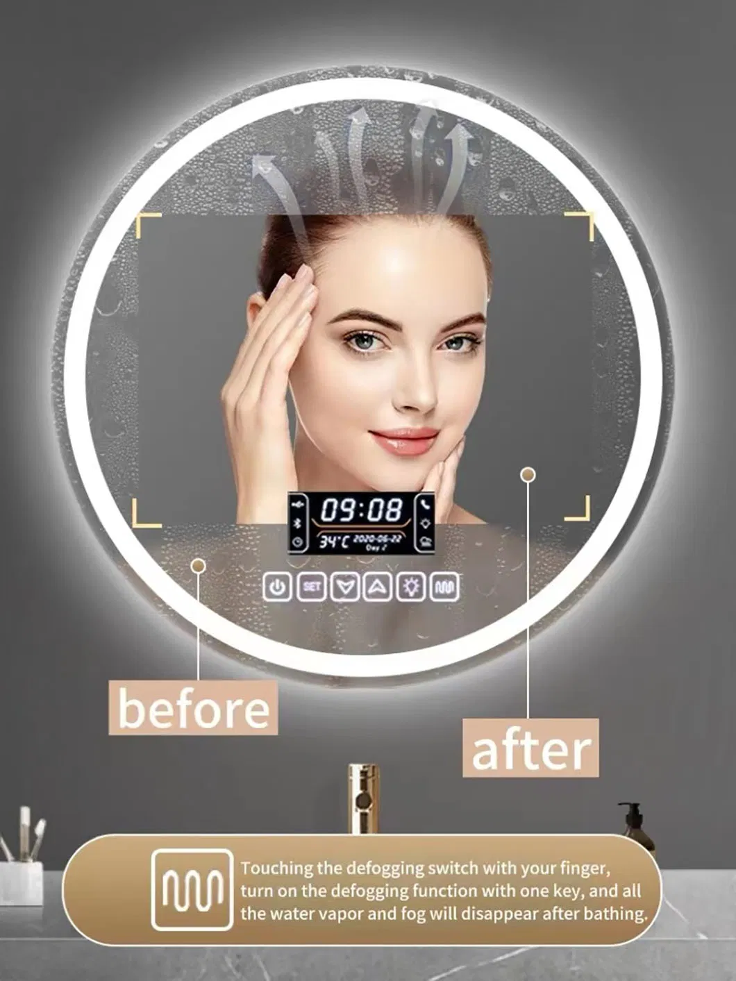 Hot Sale Classic Black Round Smart Multi-Function LED Mirror