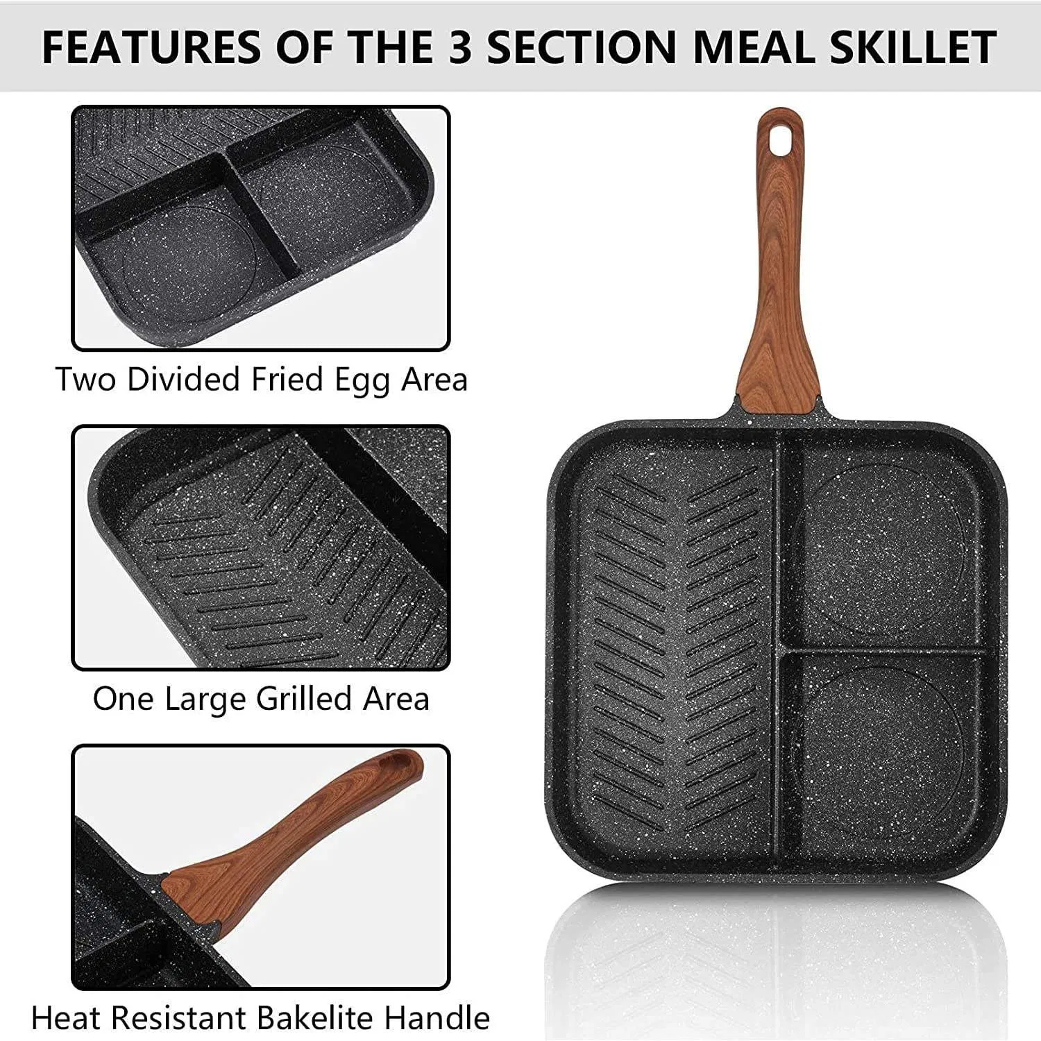 3-Slot Nonstick Egg Pan - 3-in-1 Carbon Steel Breakfast Frying Pan for Fried Eggs/Omelets