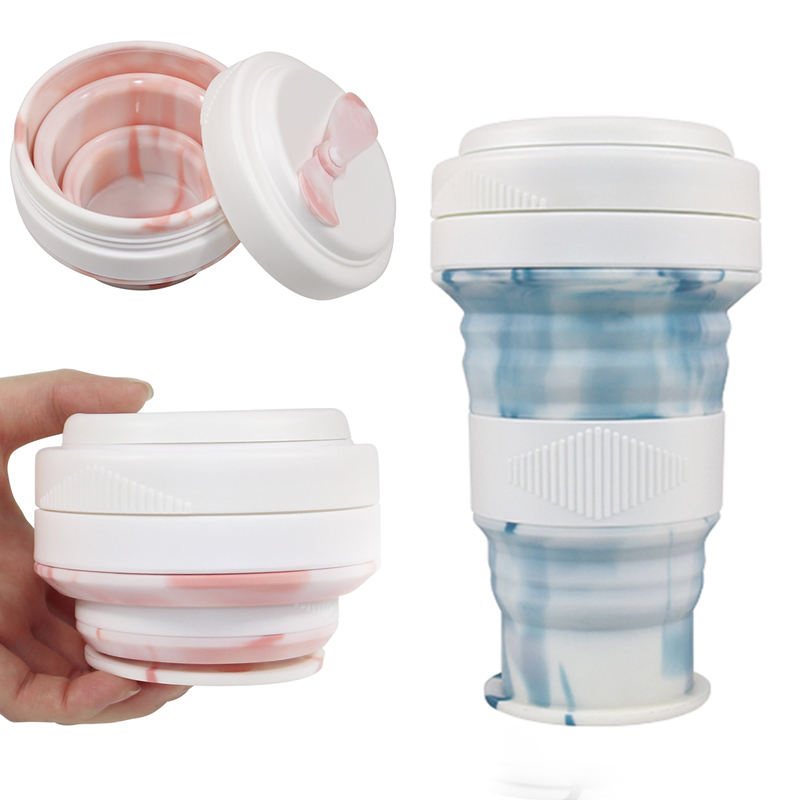 Promotion Christmas Gifts Outdoor & Home Daily-Use Fashion Cool Reusable Silicone Collapsible Retractable Folding Silicon Water Cup 550ml 20oz with Lid & Straw