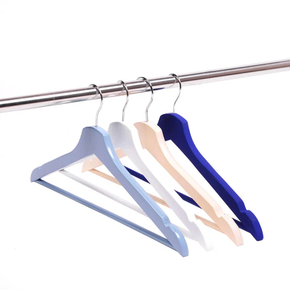 Hot Selling Wooden Clothes Hangers in Blue/Pink/White/Black with Customized Logo/Glossy Surface Design and Trousers Bar for Woman/Man/Kid/Adult Pants/Shirt/Coat