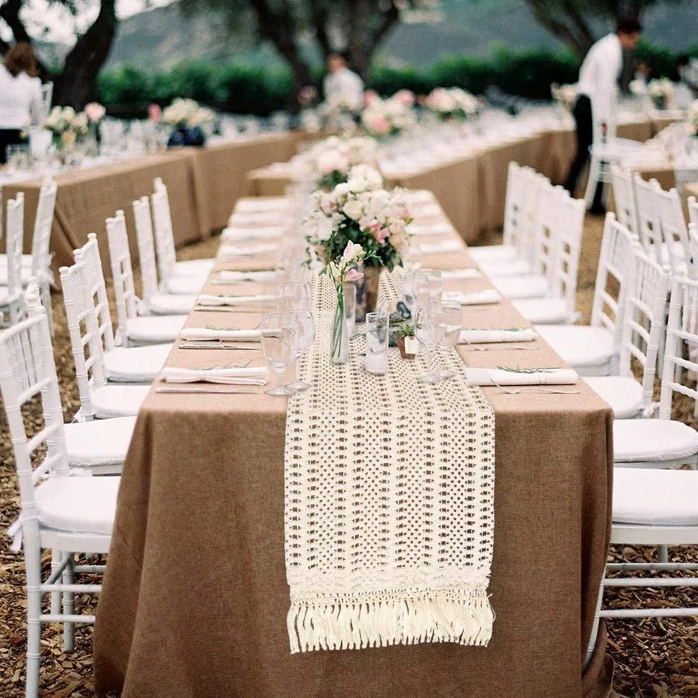 Wholesale 1.2m*2.4m Natural Jute Fringed Table Runner for Home Decoration Elegant Table Cover
