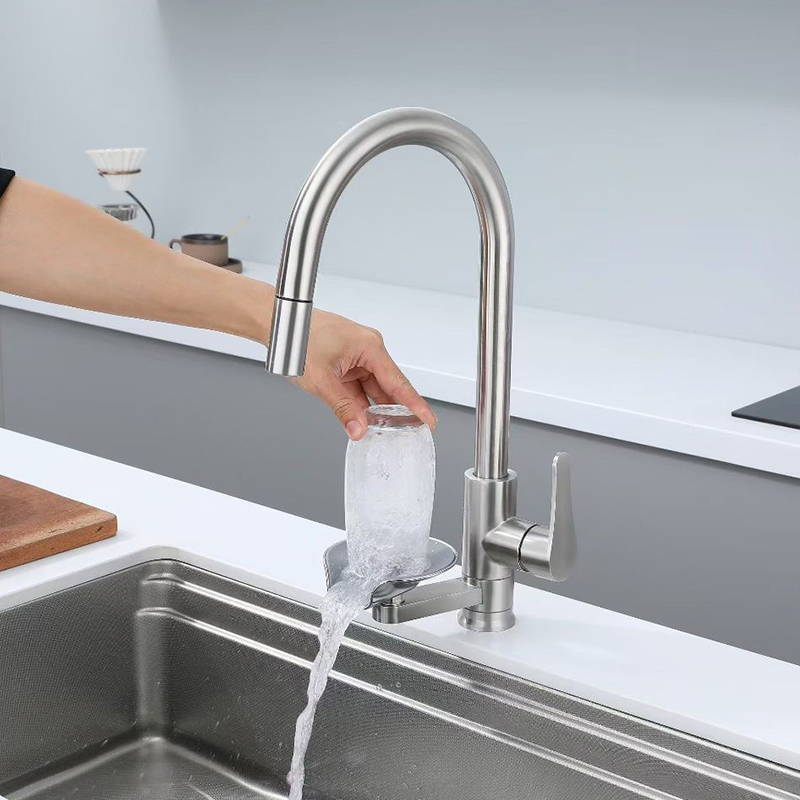 304 Stainless Steel Hot and Cold Kitchen Pull out Faucet with Built-in Cup Washer