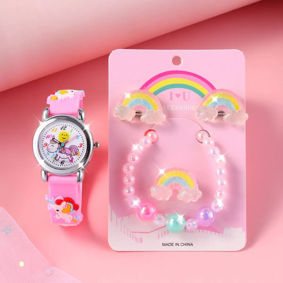 Unicorn Watch Cute Cartoon Pink Rainbow Accessories Set