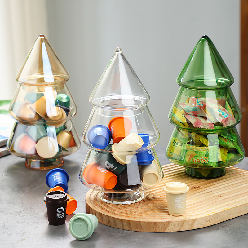 Glass Christmas Tree Shaped Candies Cookies Coffee Capsules Storage Jar Gifts